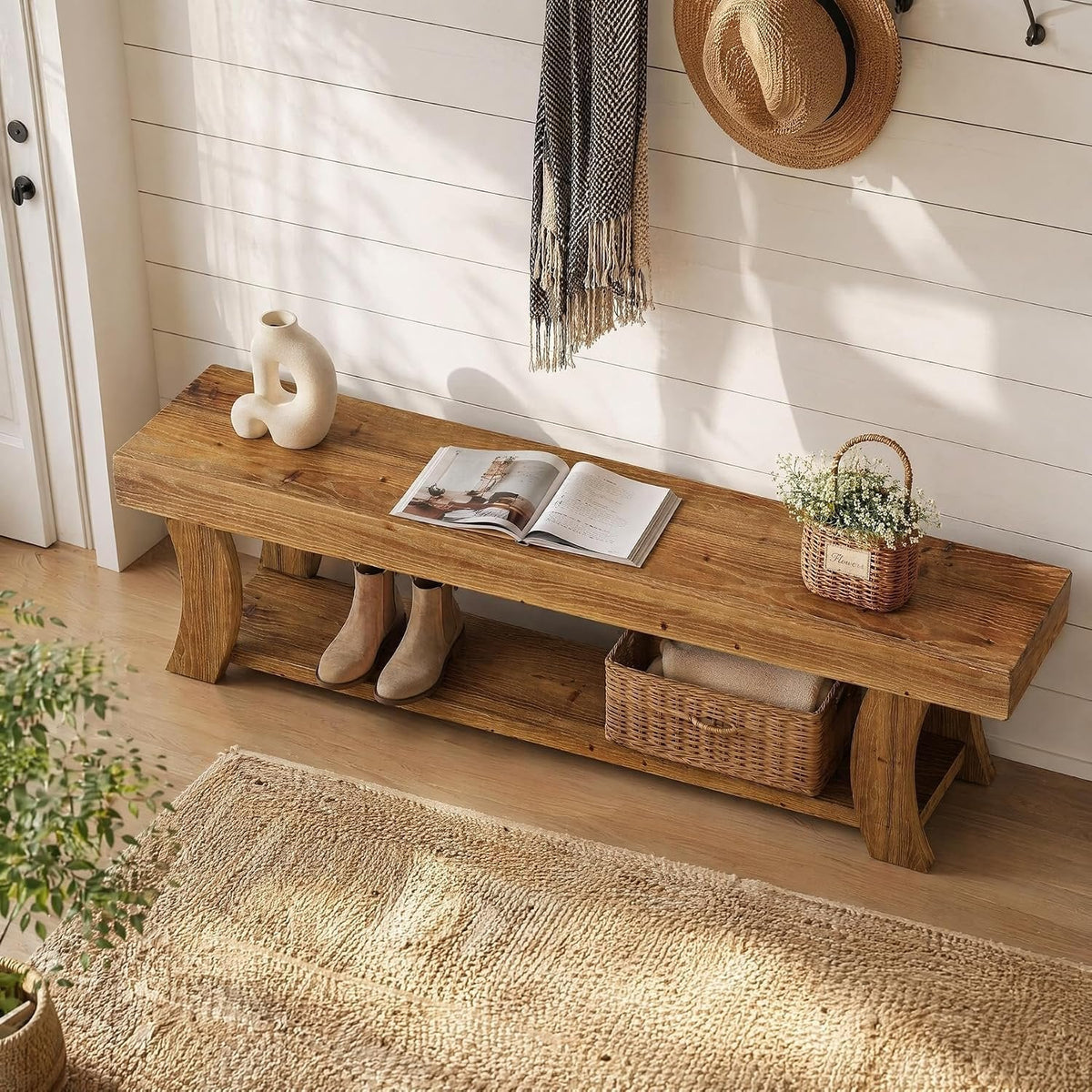 Tribesigns Banco zapatero de 160 cm de madera maciza, Banco para recibidor con estante de estilo rústico