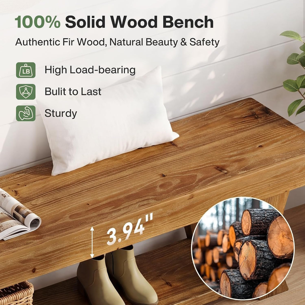 Tribesigns Banco zapatero de 160 cm de madera maciza, Banco para recibidor con estante de estilo rústico