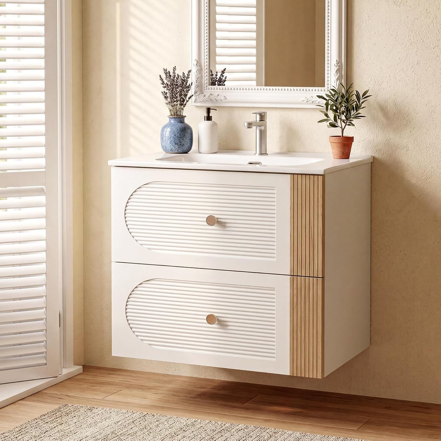 Tribesigns Mueble de baño con lavabo de cerámica de 60 cm, Blanco Montaje en pared, 2 cajones, aspecto de madera de roble claro
