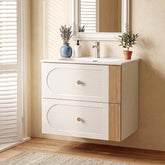 Tribesigns Mueble de baño con lavabo de cerámica de 60 cm, Blanco Montaje en pared, 2 cajones, aspecto de madera de roble claro 3