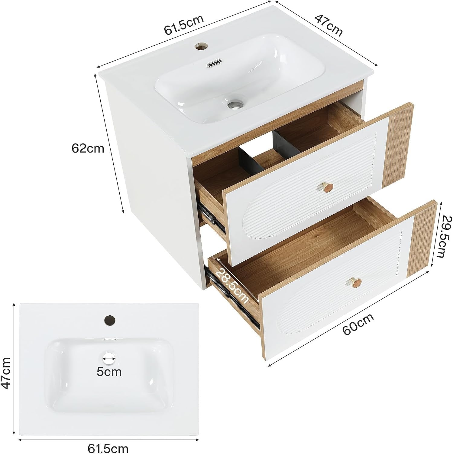 Tribesigns Mueble de baño con lavabo de cerámica de 60 cm, Blanco Montaje en pared, 2 cajones, aspecto de madera de roble claro
