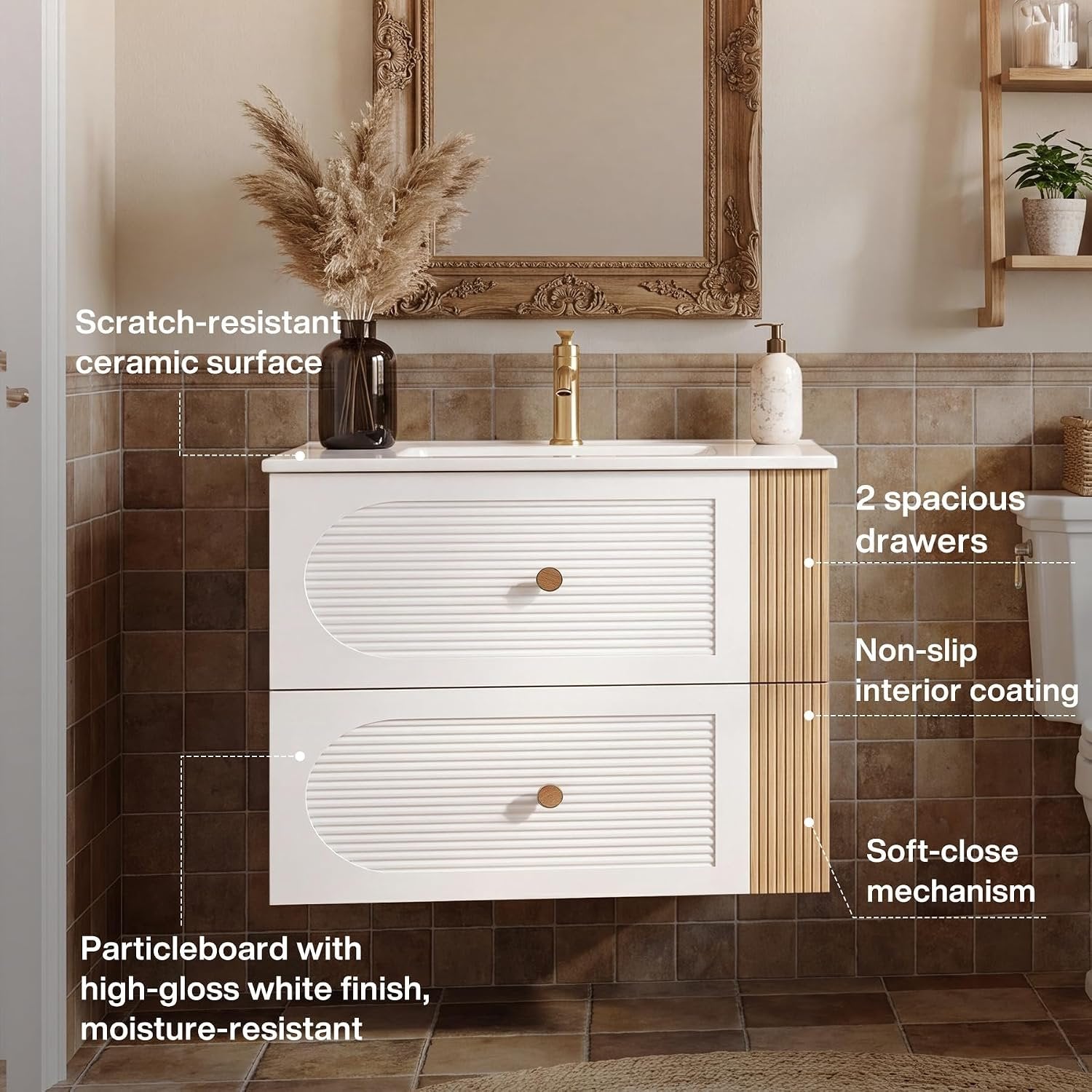 Tribesigns Mueble de baño con lavabo de cerámica de 60 cm, Blanco Montaje en pared, 2 cajones, aspecto de madera de roble claro