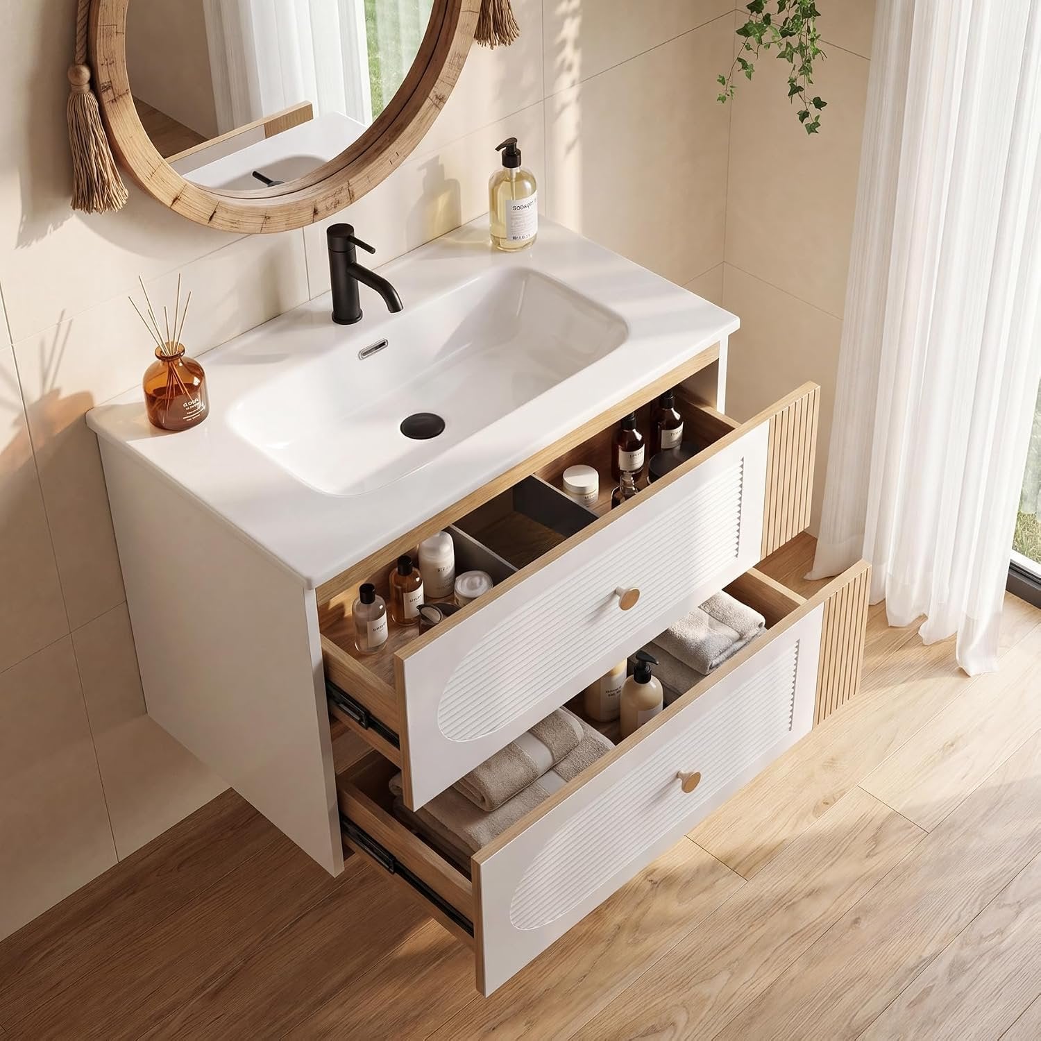 Tribesigns Mueble de baño con lavabo de cerámica de 60 cm, Blanco Montaje en pared, 2 cajones, aspecto de madera de roble claro