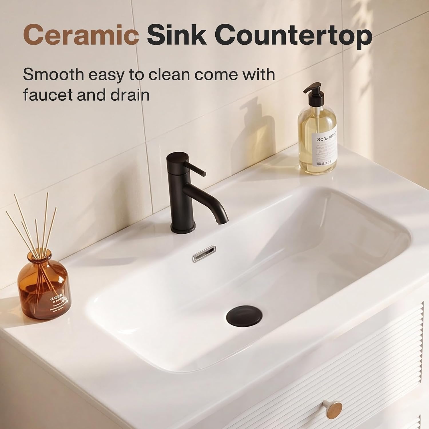 Tribesigns Mueble de baño con lavabo de cerámica de 60 cm, Blanco Montaje en pared, 2 cajones, aspecto de madera de roble claro