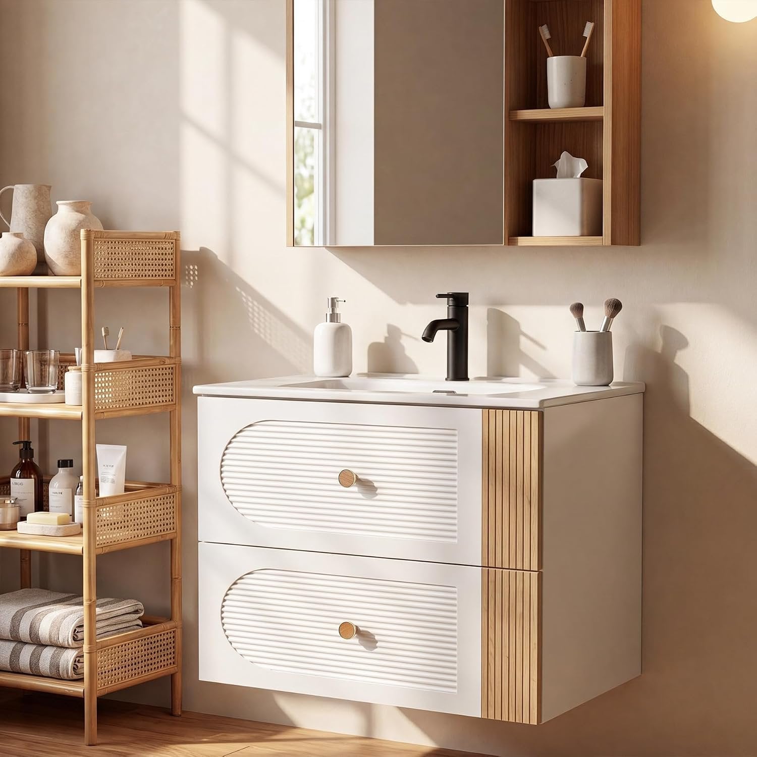Tribesigns Mueble de baño con lavabo de cerámica de 60 cm, Blanco Montaje en pared, 2 cajones, aspecto de madera de roble claro
