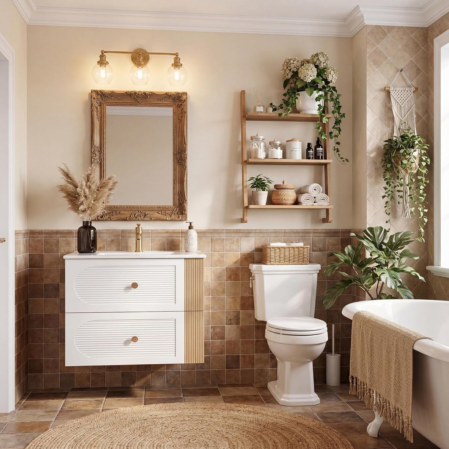 Tribesigns Mueble de baño con lavabo de cerámica de 60 cm, Blanco Montaje en pared, 2 cajones, aspecto de madera de roble claro