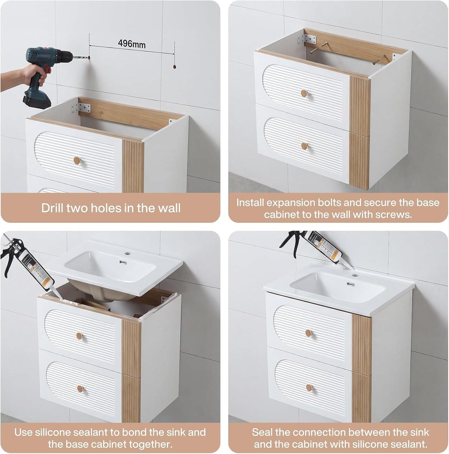 Tribesigns Mueble de baño con lavabo de cerámica de 60 cm, Blanco Montaje en pared, 2 cajones, aspecto de madera de roble claro