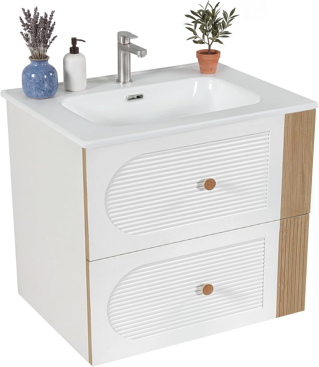 Tribesigns Mueble de baño con lavabo de cerámica de 60 cm, Blanco Montaje en pared, 2 cajones, aspecto de madera de roble claro