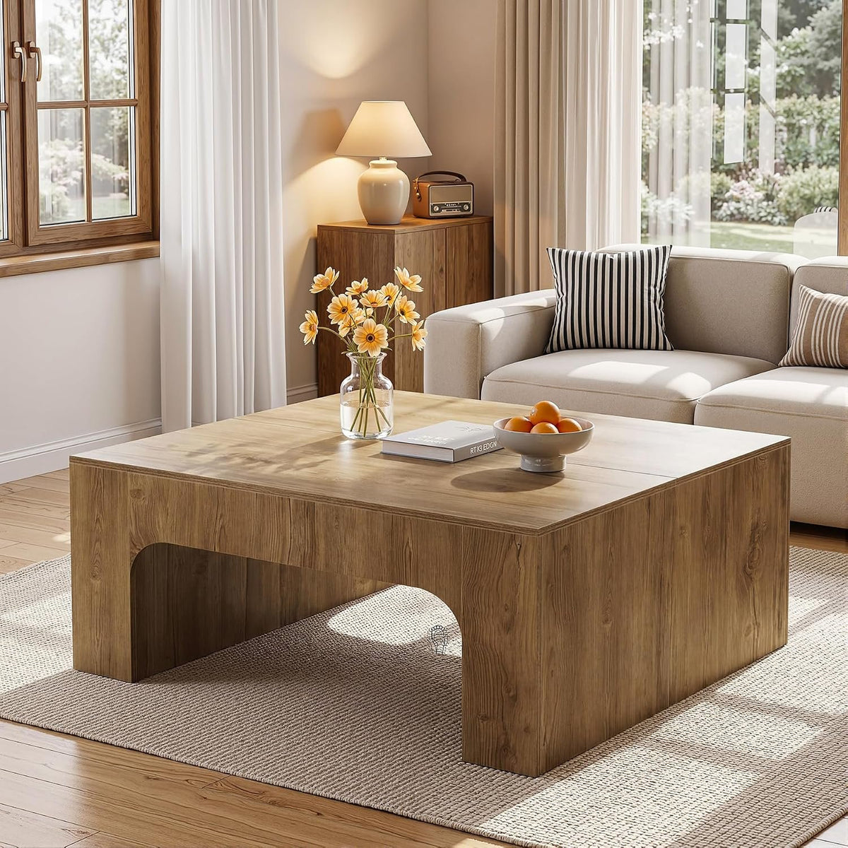 Tribesigns Mesa de centro cuadrada de 100 cm, Mesa de café grande de estilo rústico con diseño curvo