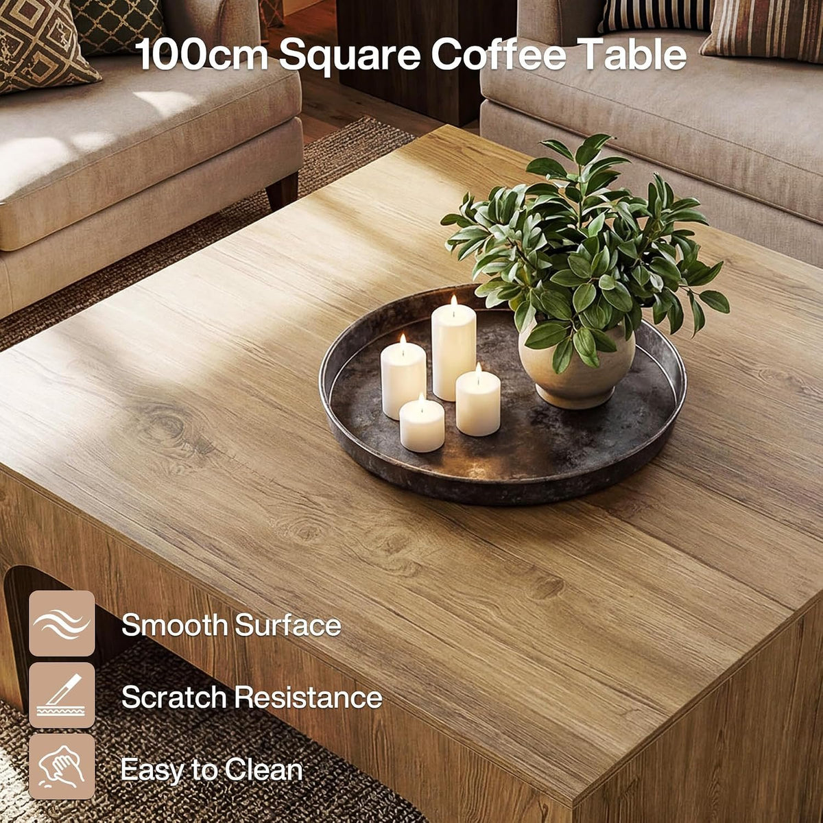 Tribesigns Mesa de centro cuadrada de 100 cm, Mesa de café grande de estilo rústico con diseño curvo