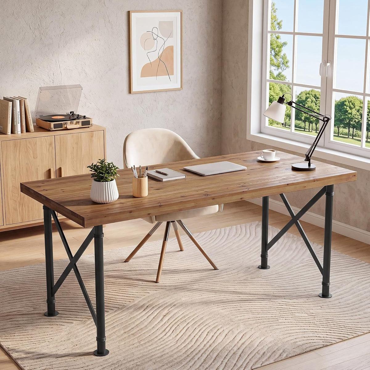 Escritorio de madera maciza de 160 cm, Mesa de ordenador estilo industrial con patas metálicas en forma de X