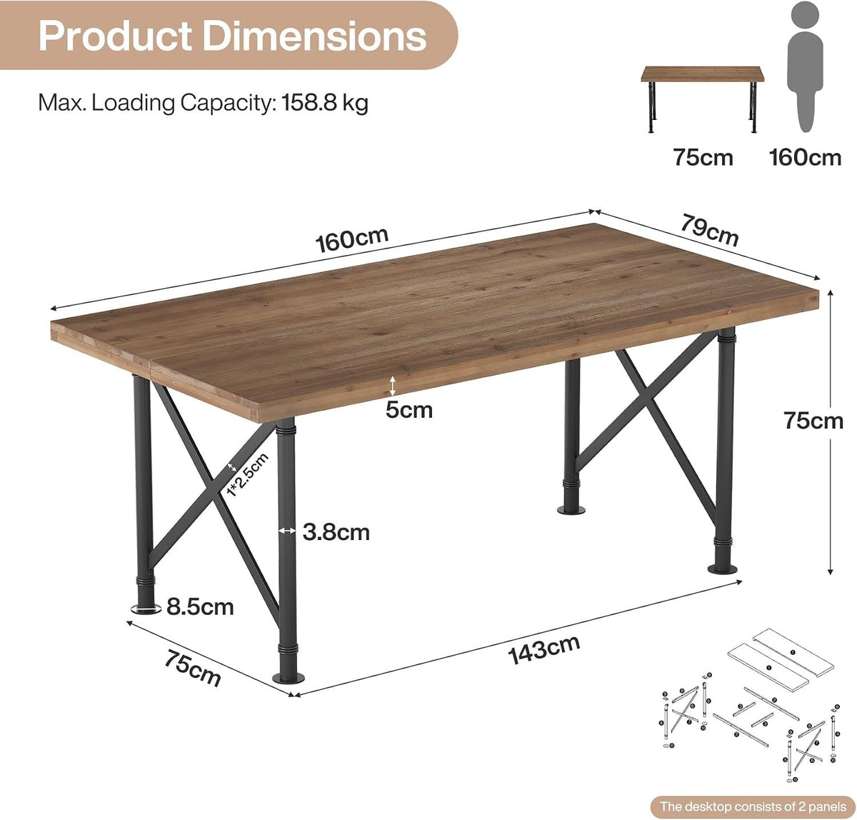 Escritorio de madera maciza de 160 cm, Mesa de ordenador estilo industrial con patas metálicas en forma de X