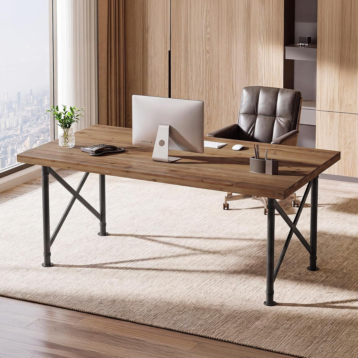 Escritorio de madera maciza de 160 cm, Mesa de ordenador estilo industrial con patas metálicas en forma de X