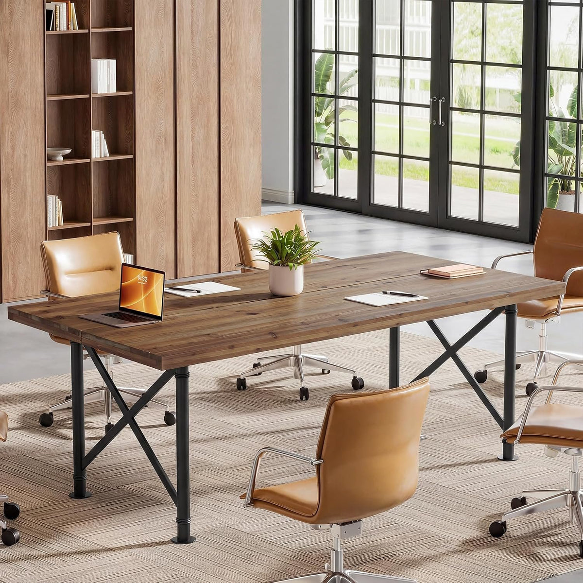 Escritorio de madera maciza de 160 cm, Mesa de ordenador estilo industrial con patas metálicas en forma de X