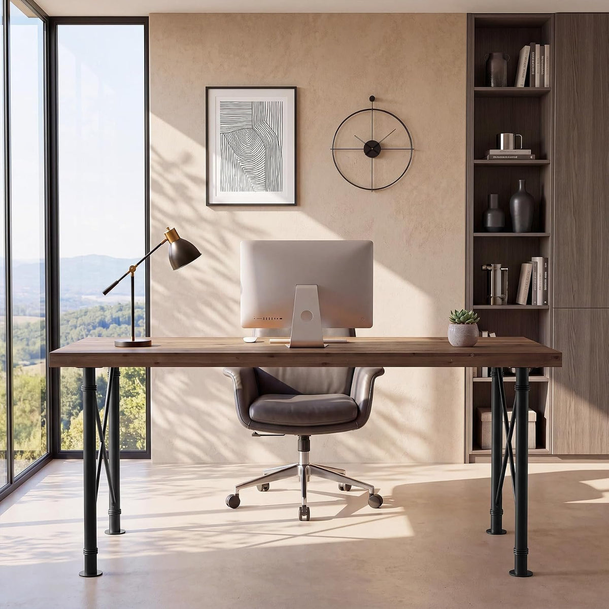 Escritorio de madera maciza de 160 cm, Mesa de ordenador estilo industrial con patas metálicas en forma de X