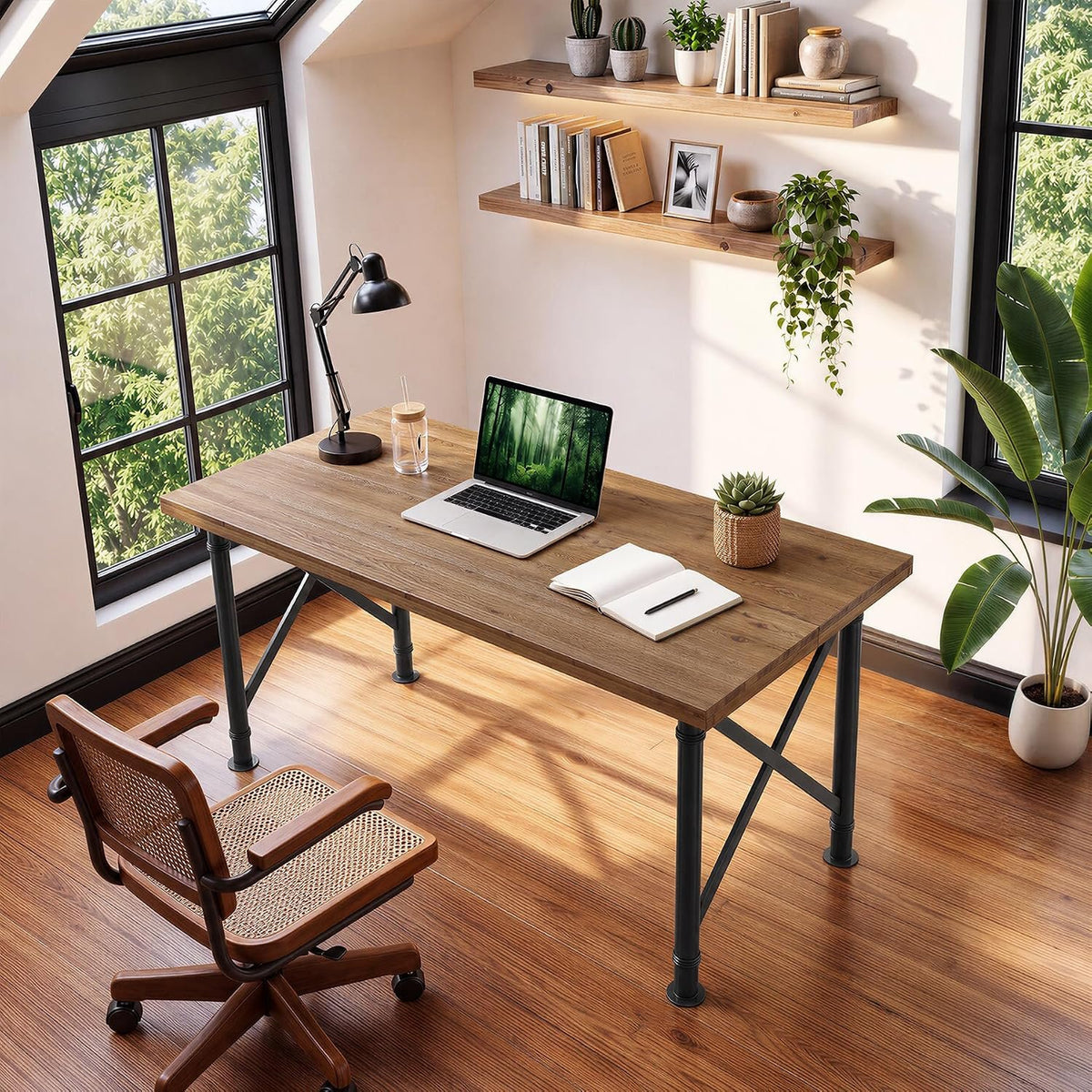 Escritorio de madera maciza de 160 cm, Mesa de ordenador estilo industrial con patas metálicas en forma de X
