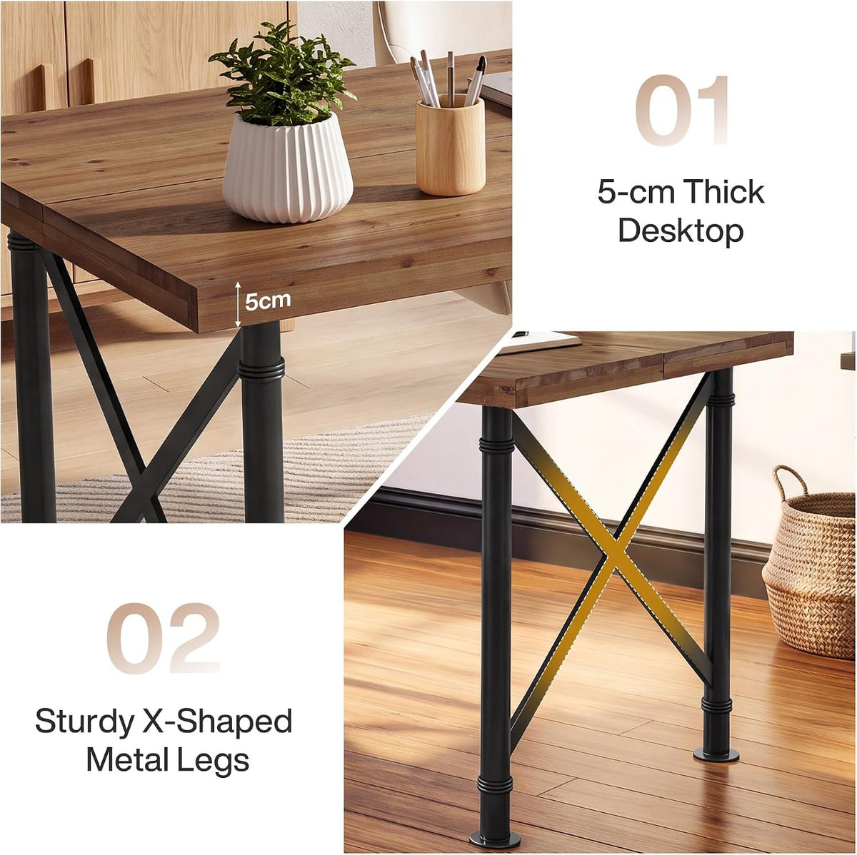 Escritorio de madera maciza de 160 cm, Mesa de ordenador estilo industrial con patas metálicas en forma de X