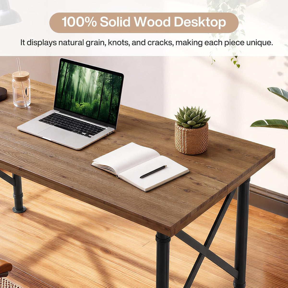 Escritorio de madera maciza de 160 cm, Mesa de ordenador estilo industrial con patas metálicas en forma de X