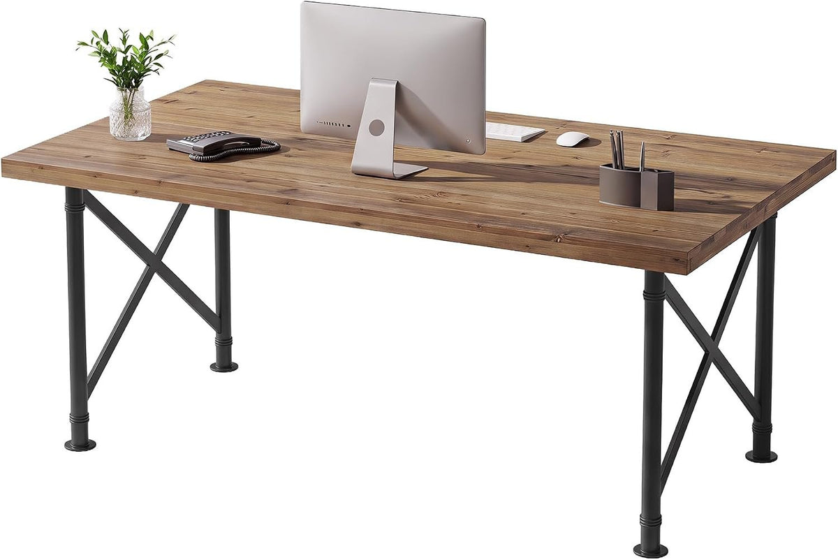 Escritorio de madera maciza de 160 cm, Mesa de ordenador estilo industrial con patas metálicas en forma de X