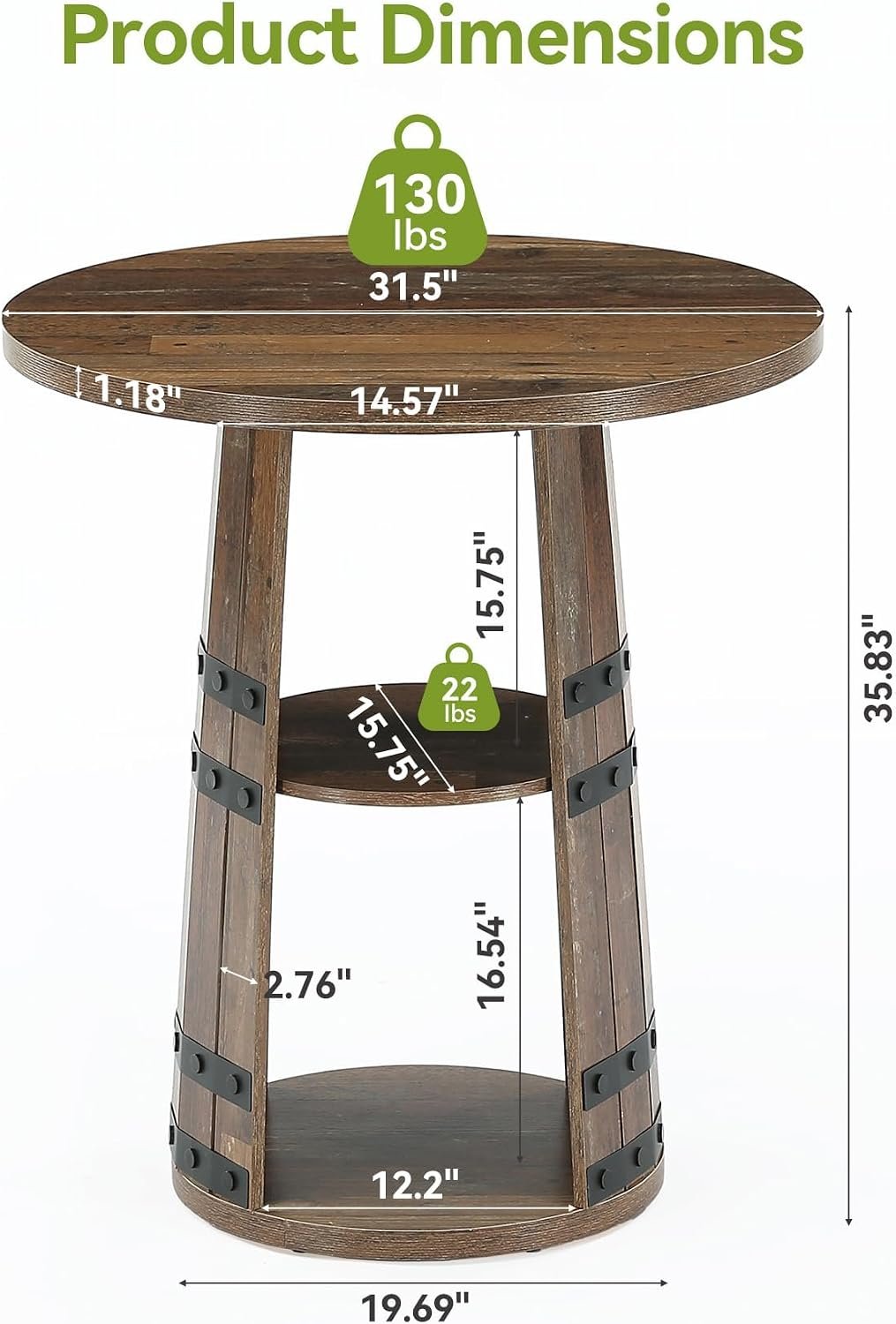 Tribesigns Mesa redonda de bar Tablero de 90 cm de altura con compartimento de almacenamiento de 2 niveles