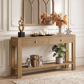 Consola de madera maciza de 140 cm con 2 cajones, Mesa de recibidor con almacenamiento abierto, mesa de centro detrás del sofá 3