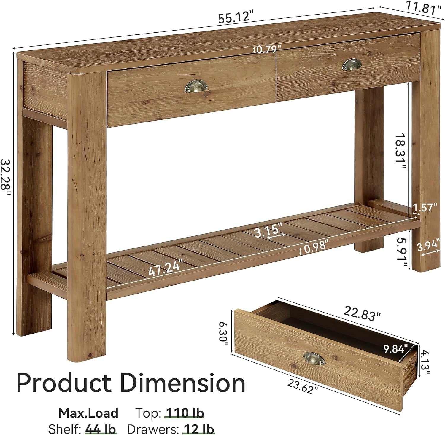 Consola de madera maciza de 140 cm con 2 cajones, Mesa de recibidor con almacenamiento abierto, mesa de centro detrás del sofá