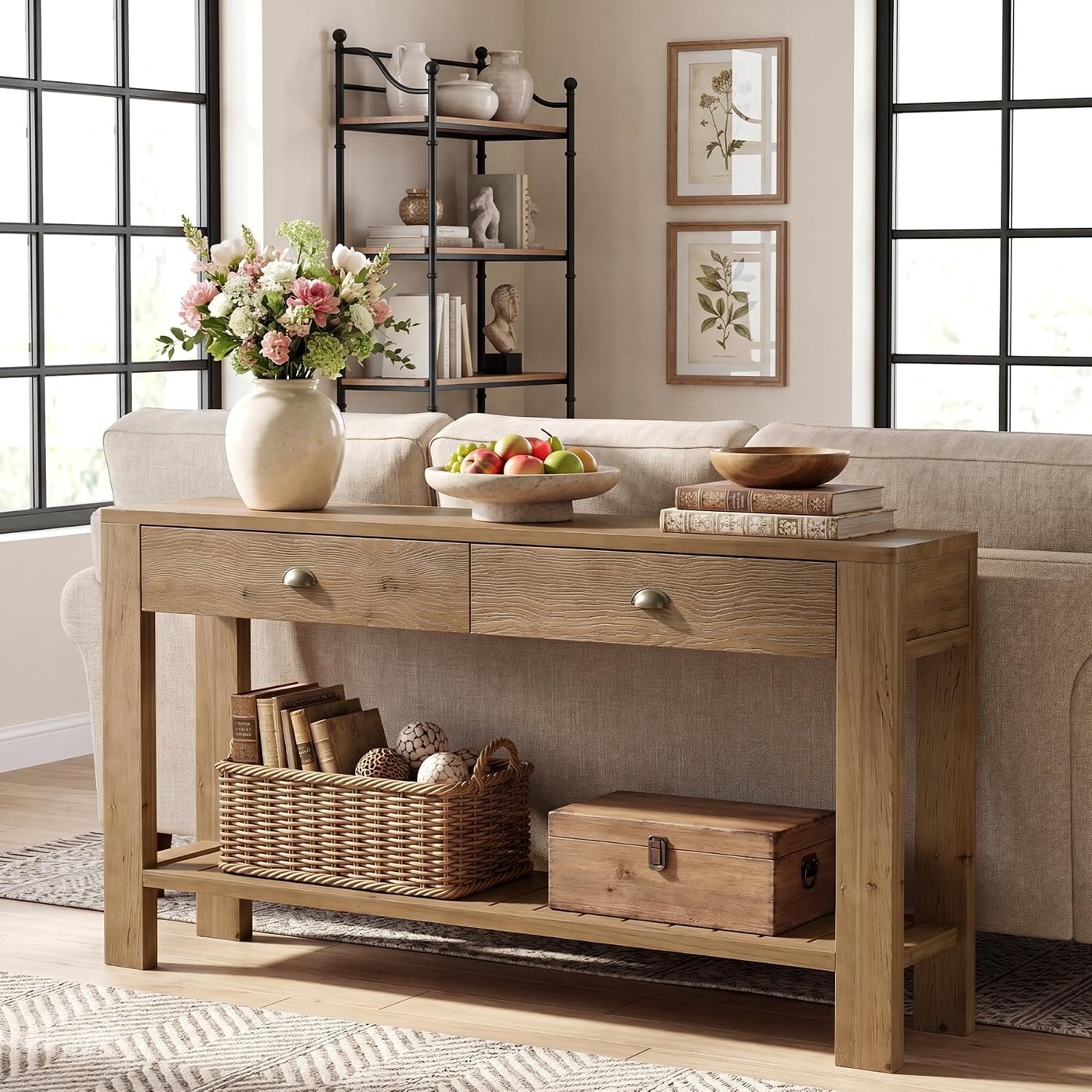 Consola de madera maciza de 140 cm con 2 cajones, Mesa de recibidor con almacenamiento abierto, mesa de centro detrás del sofá