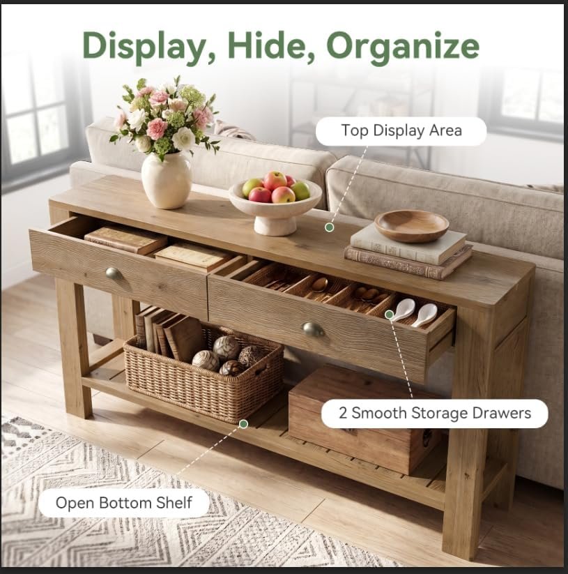 Consola de madera maciza de 140 cm con 2 cajones, Mesa de recibidor con almacenamiento abierto, mesa de centro detrás del sofá