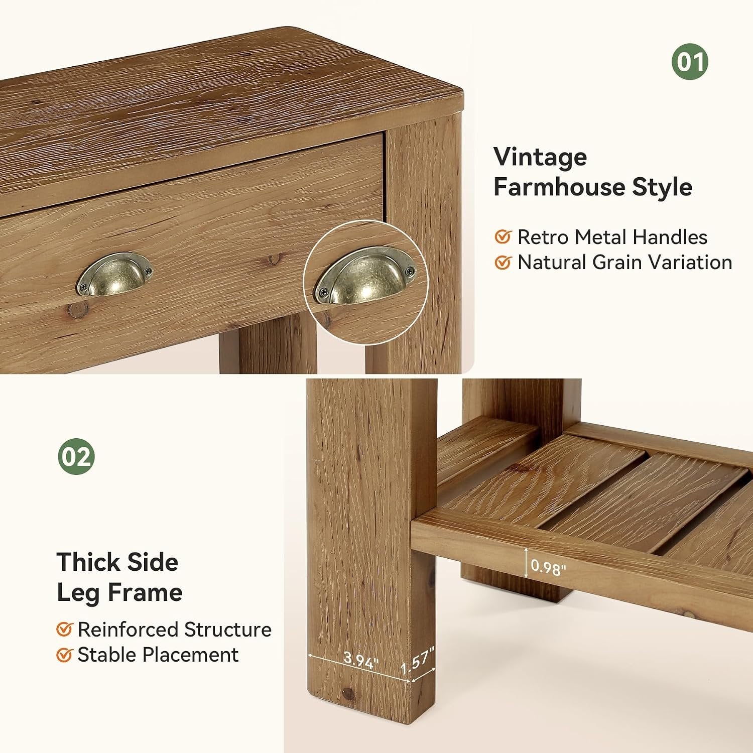 Consola de madera maciza de 140 cm con 2 cajones, Mesa de recibidor con almacenamiento abierto, mesa de centro detrás del sofá