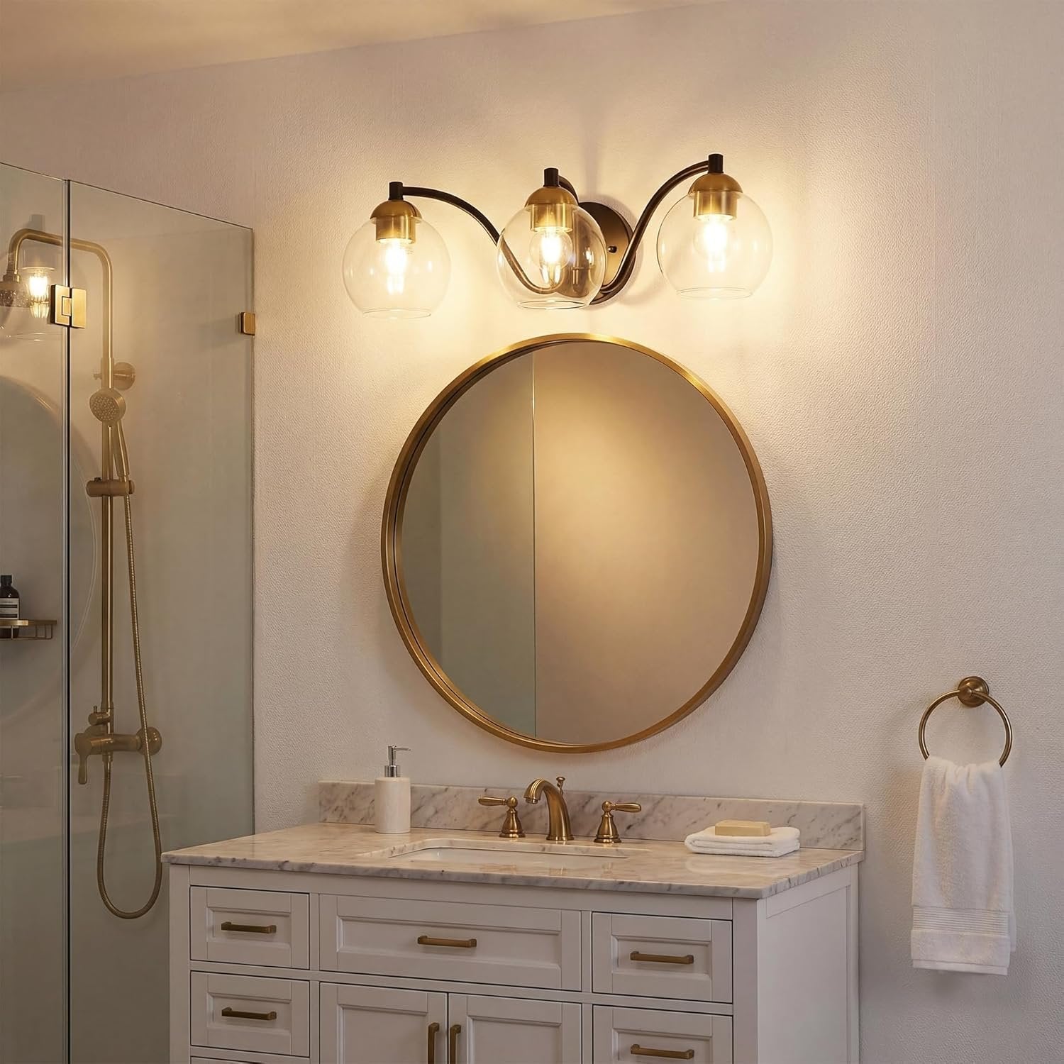 TribesignsAplique de pared moderno  para baño, 3 globos de cristal con marco de metal, regulable, casquillo E27