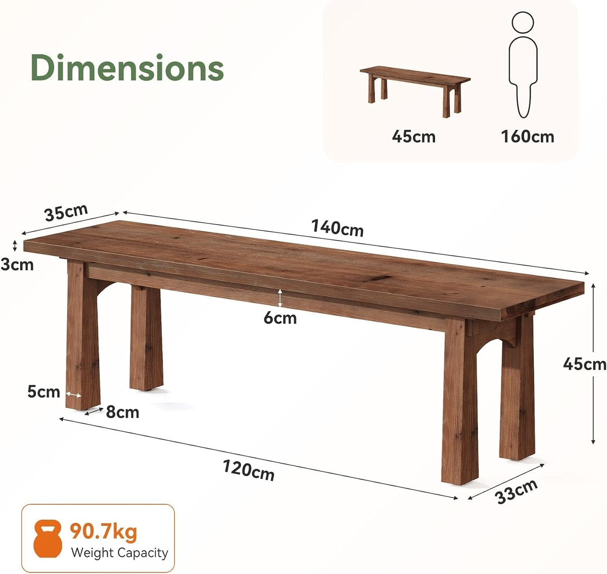 Tribesigns Banco de madera maciza de 140 cm, Banco rústico para recibidor de estilo campestre