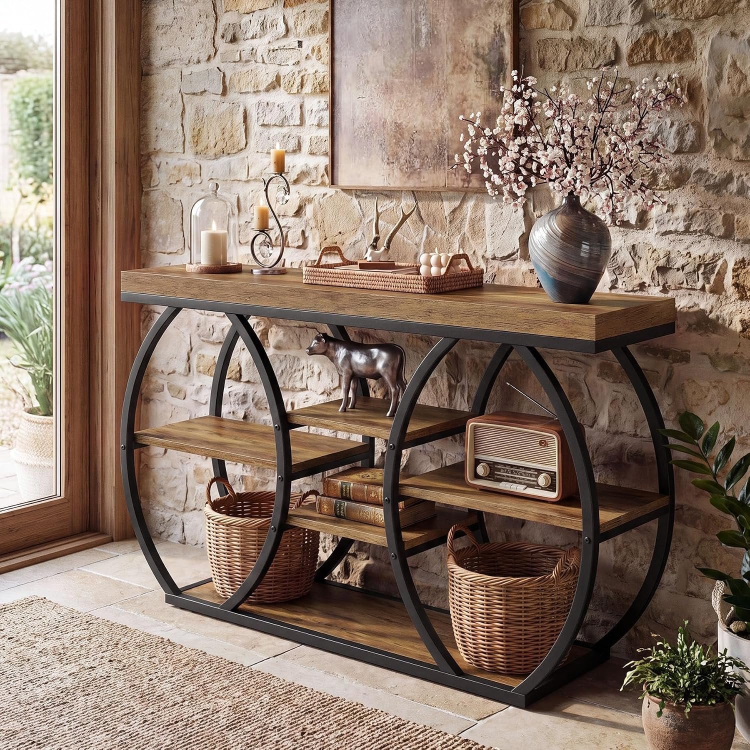 Tribesigns Mesa consola de 120 cm estilo granja para recibidor, 4 niveles, Mesa de centro estrecha de estilo industrial para sala de estar, pasillo, recibidor