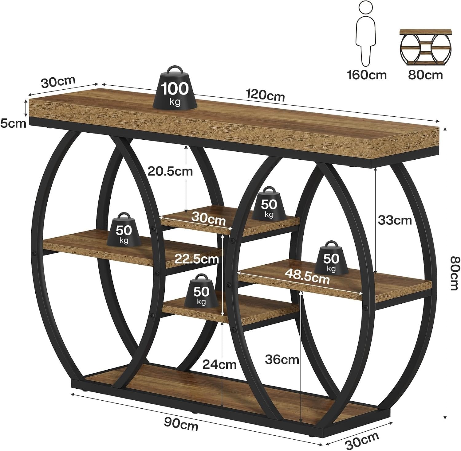 Tribesigns Mesa consola de 120 cm estilo granja para recibidor, 4 niveles, Mesa de centro estrecha de estilo industrial para sala de estar, pasillo, recibidor