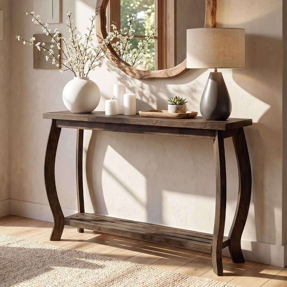 Tribesigns Mesa consola de madera maciza de 105 cm, Mesa estrecha para recibidor de 2 niveles y estilo rústico