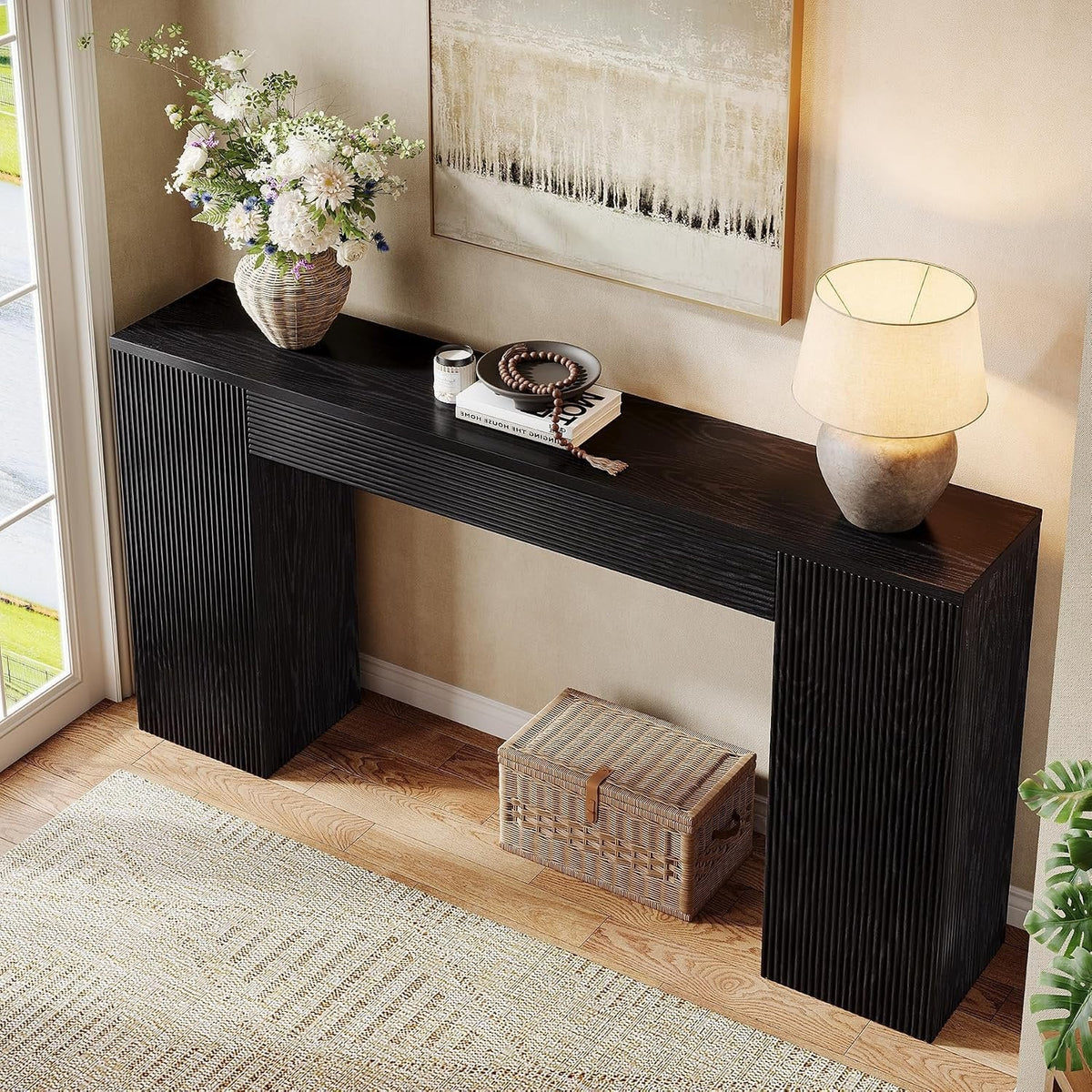 Tribesigns Mesa consola de 160 cm de MDF, Mesa estrecha para recibidor con frente estriado