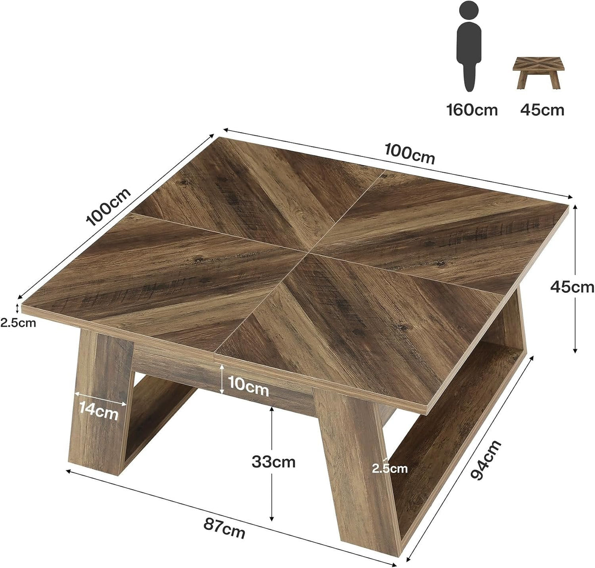Tribesigns Mesa de centro cuadrada de 100 cm, Mesa de salón de estilo rústico