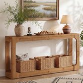 Consola de madera maciza de 160 cm con almacenamiento de 2 niveles, Mesa de pasillo rústica de estilo campestre en color marrón para recibidor, entrada y sala de estar 3