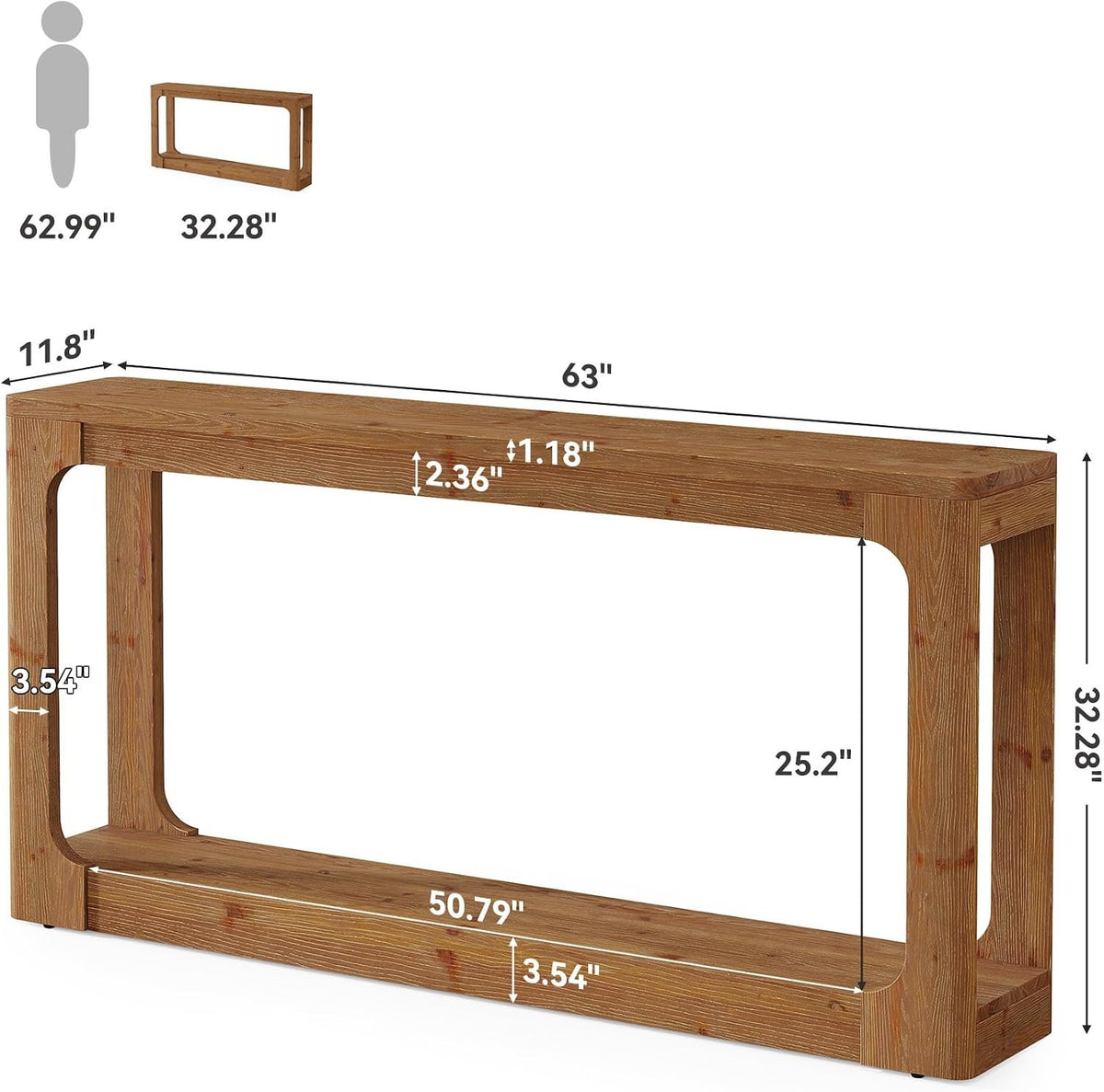Consola de madera maciza de 160 cm con almacenamiento de 2 niveles, Mesa de pasillo rústica de estilo campestre en color marrón para recibidor, entrada y sala de estar