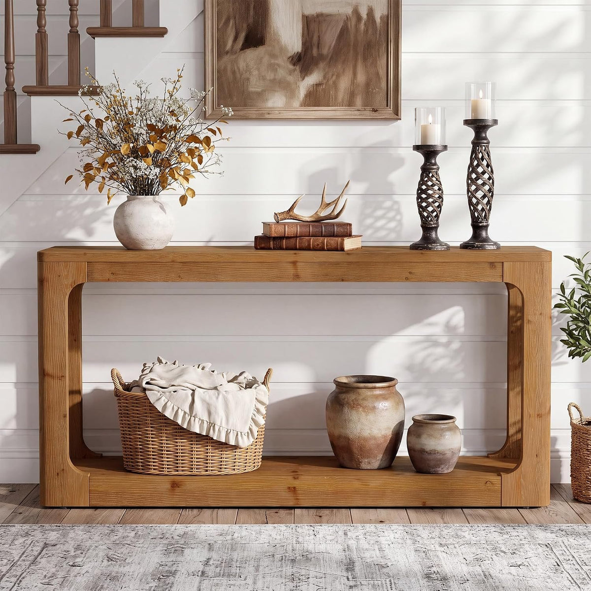 Consola de madera maciza de 160 cm con almacenamiento de 2 niveles, Mesa de pasillo rústica de estilo campestre en color marrón para recibidor, entrada y sala de estar