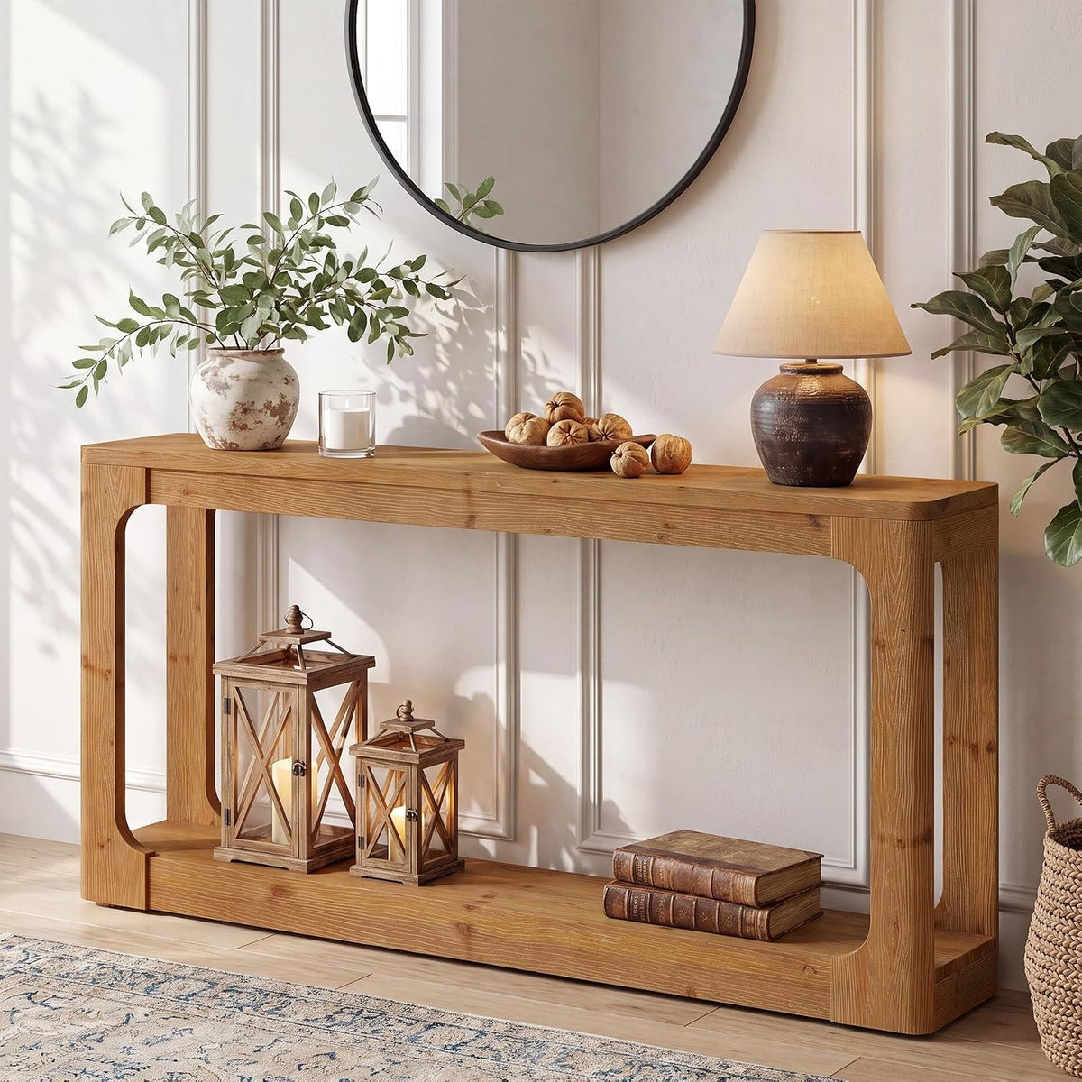 Consola de madera maciza de 160 cm con almacenamiento de 2 niveles, Mesa de pasillo rústica de estilo campestre en color marrón para recibidor, entrada y sala de estar