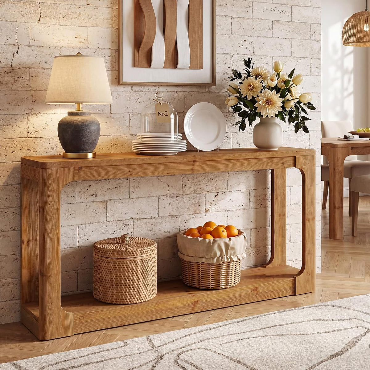 Consola de madera maciza de 160 cm con almacenamiento de 2 niveles, Mesa de pasillo rústica de estilo campestre en color marrón para recibidor, entrada y sala de estar