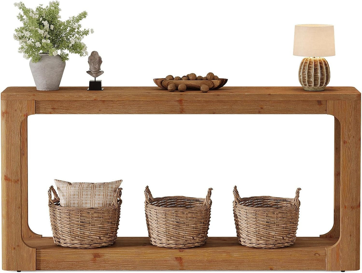 Consola de madera maciza de 160 cm con almacenamiento de 2 niveles, Mesa de pasillo rústica de estilo campestre en color marrón para recibidor, entrada y sala de estar