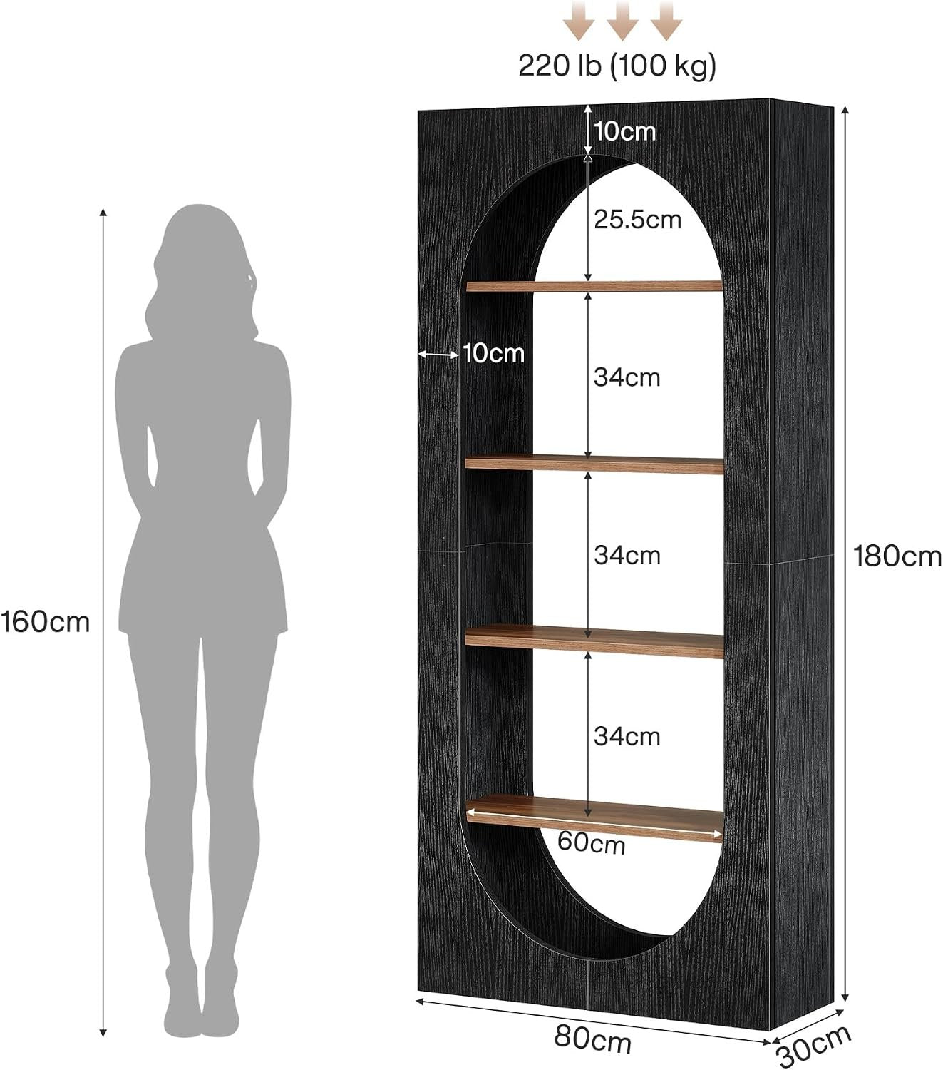Tribesigns Estantería de 5 niveles 180 cm curvada negra, Diseño de estantes abiertos para un acceso rápido, perfecta para la oficina en casa