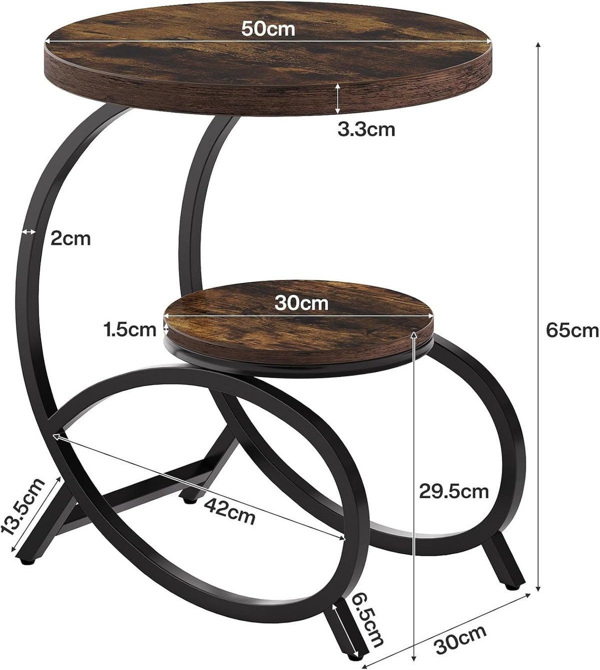 Tribesigns Mesa auxiliar en forma de C con 2 estantes, Mesa de sofá redonda de madera y metal