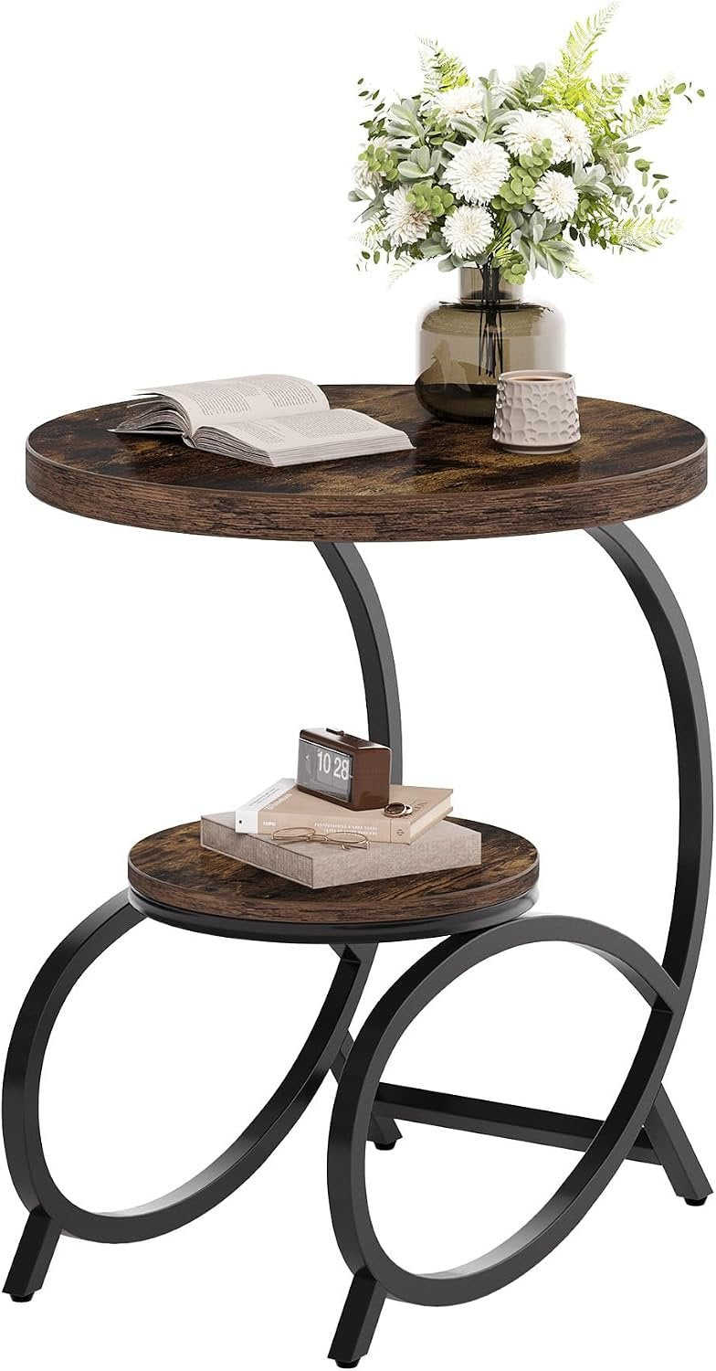 Tribesigns Mesa auxiliar en forma de C con 2 estantes, Mesa de sofá redonda de madera y metal