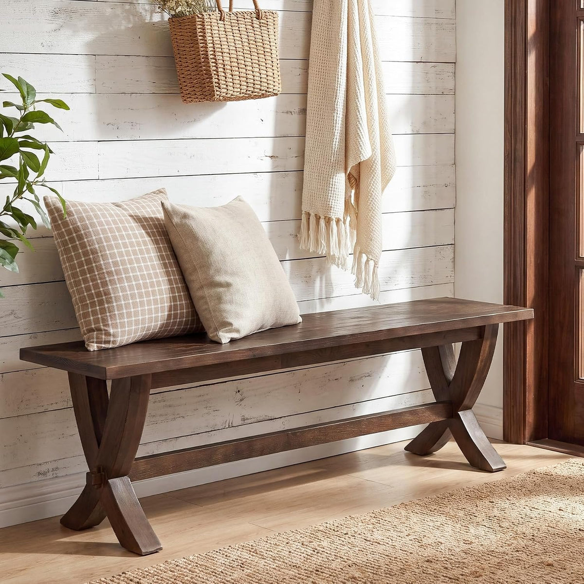 Tribesigns Banco de madera maciza de 150 cm para 2-3 personas, Banco zapatero de estilo rústico