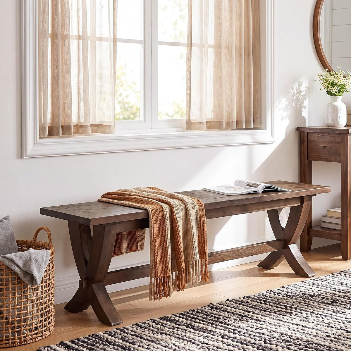 Tribesigns Banco de madera maciza de 150 cm para 2-3 personas, Banco zapatero de estilo rústico