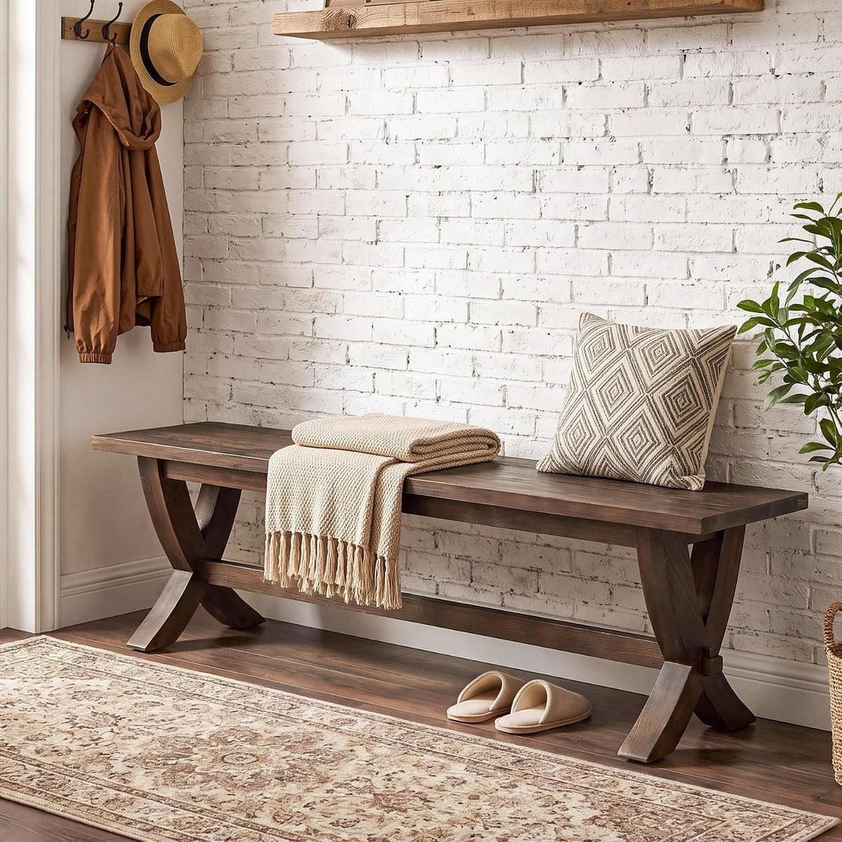 Tribesigns Banco de madera maciza de 150 cm para 2-3 personas, Banco zapatero de estilo rústico
