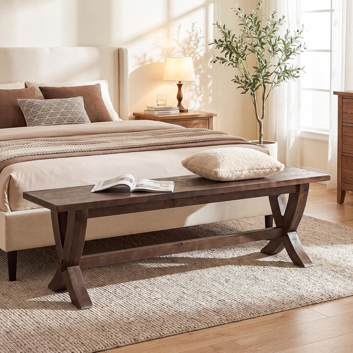 Tribesigns Banco de madera maciza de 150 cm para 2-3 personas, Banco zapatero de estilo rústico