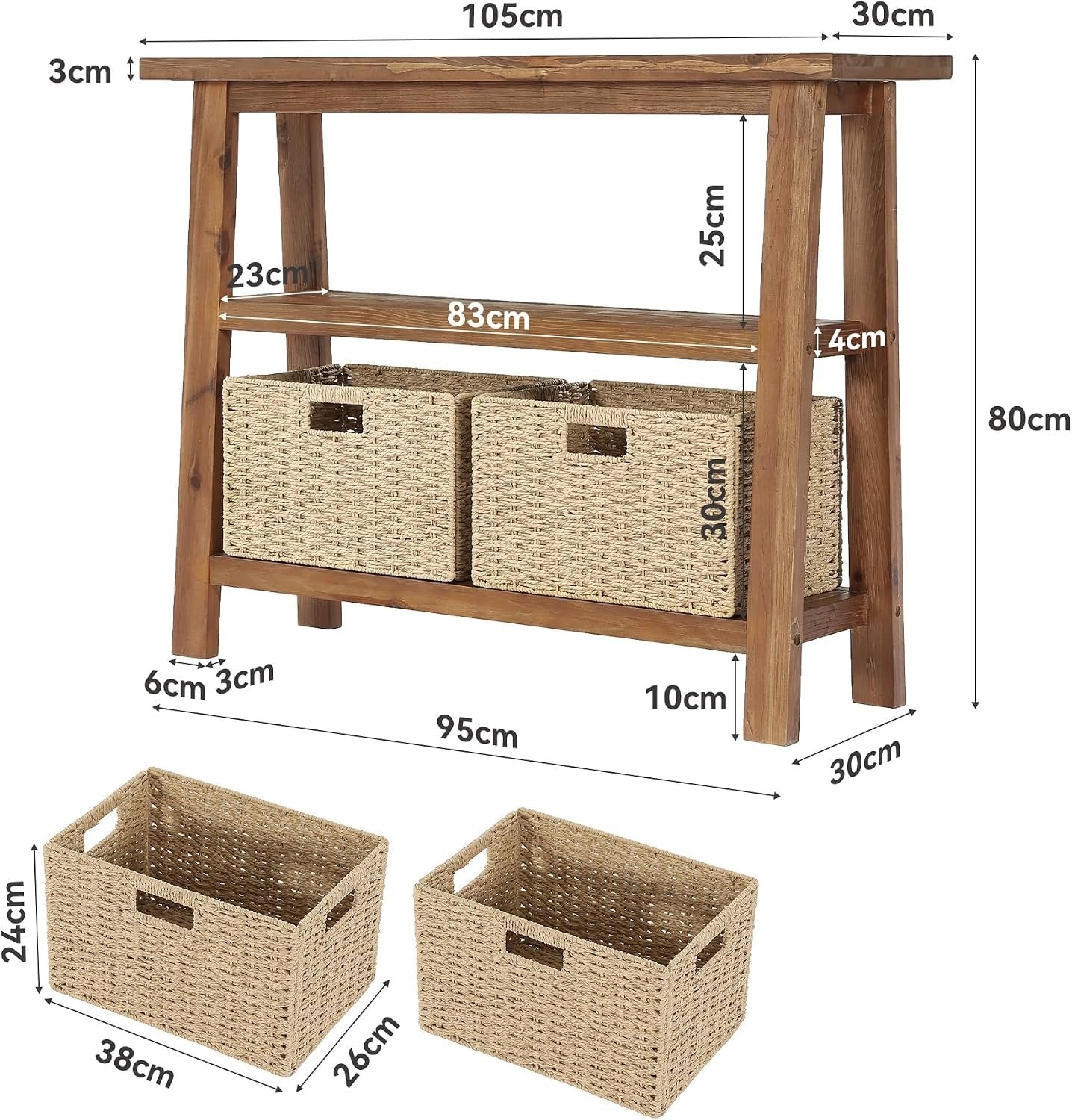 Consola de madera maciza con espacio de almacenamiento, 105 cm de ancho, Mesa estrecha de recibidor de estilo rústico con 2 cestas de almacenamiento y estante